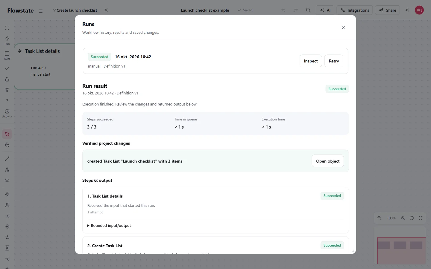 A Create a Task List Workflow run showing its saved Task List and the link to open the result.